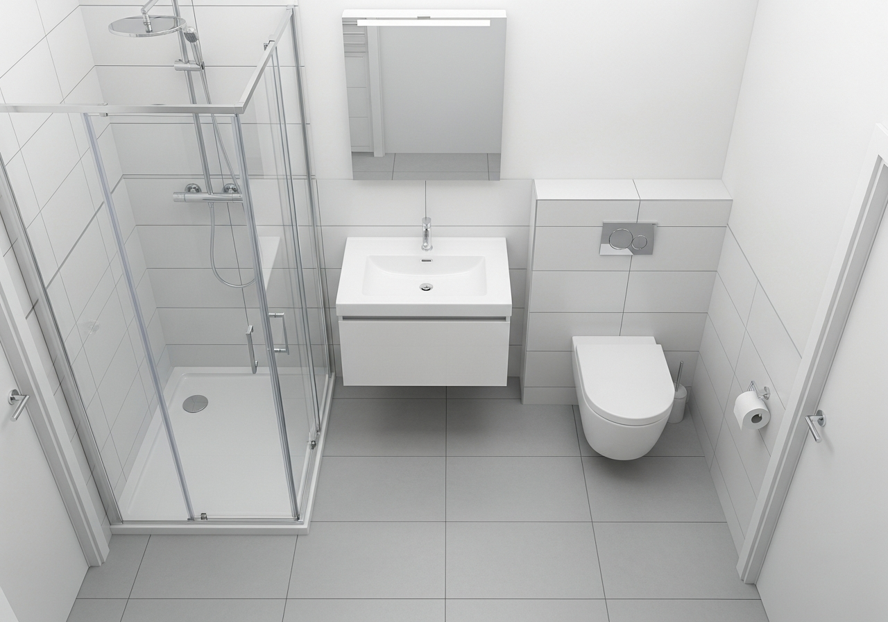 Optimized small bathroom layout showing corner shower floating vanity and wall-hung toilet in 5x7 space