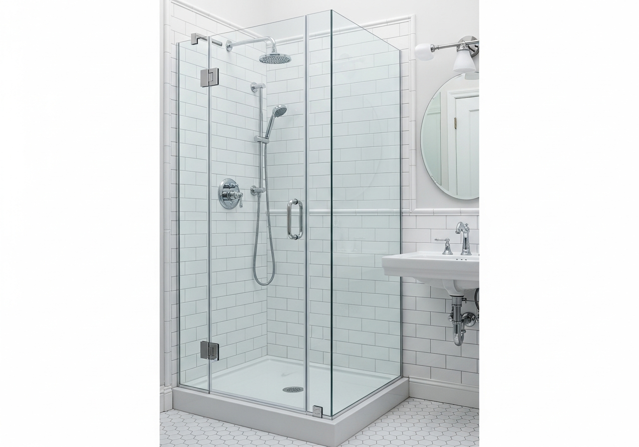 Neo-angle corner shower with frameless glass door maximizing floor space in compact bathroom