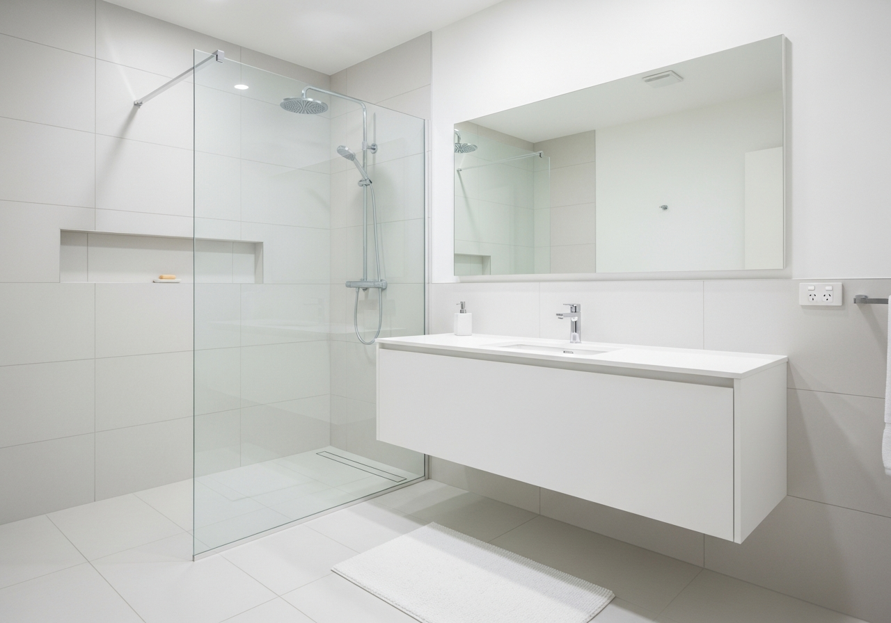 Small bathroom using light color palette with large format tiles and frameless glass shower creating spacious feel