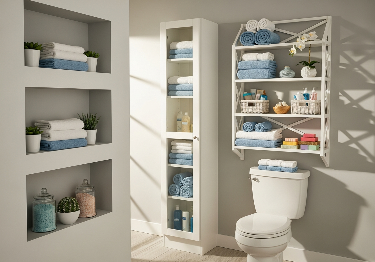 Creative vertical storage solutions in small bathroom including recessed niches tall cabinet and over-toilet shelving
