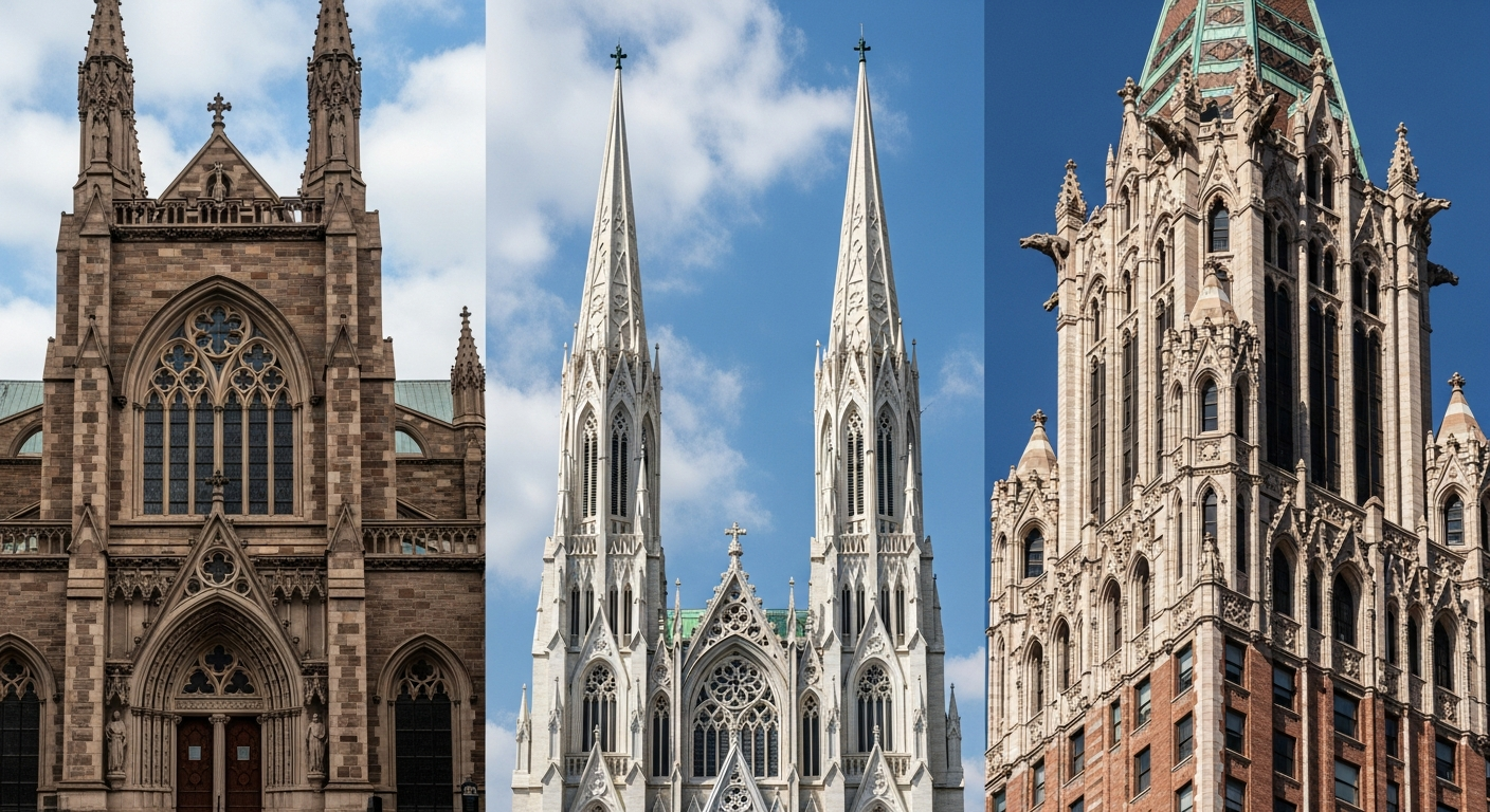 Collage of American gothic revival landmarks including Trinity Church Wall Street, St. Patrick's Cathedral Fifth Avenue, the Woolworth Building, and a Collegiate Gothic university quad