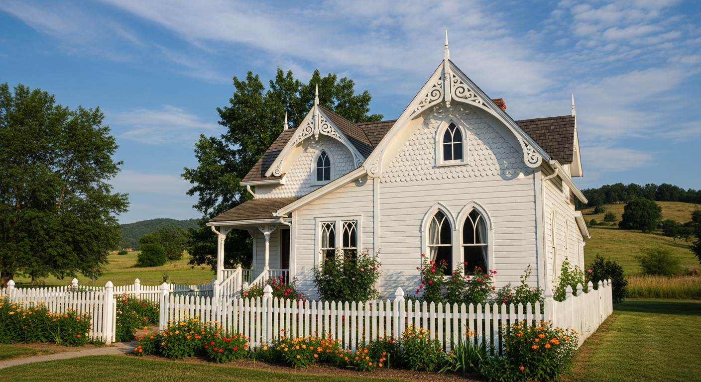 A charming Carpenter Gothic cottage with steep gabled roof, decorative bargeboard with scrollwork trim, board-and-batten siding, and a pointed-arch front porch