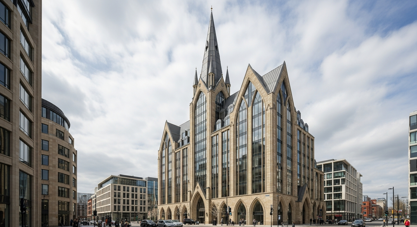 Split image showing Liverpool Anglican Cathedral's massive stone interior alongside a contemporary building that uses pointed arches and gothic proportions in glass and steel