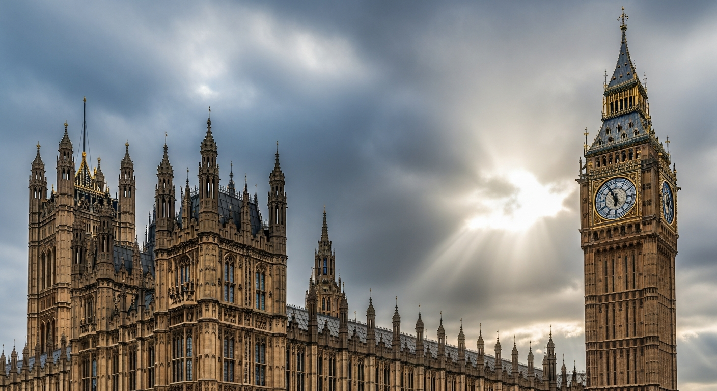 The Palace of Westminster and Elizabeth Tower (Big Ben) seen from across the Thames, showing the building's Perpendicular Gothic detailing, vertical emphasis, and Victoria Tower