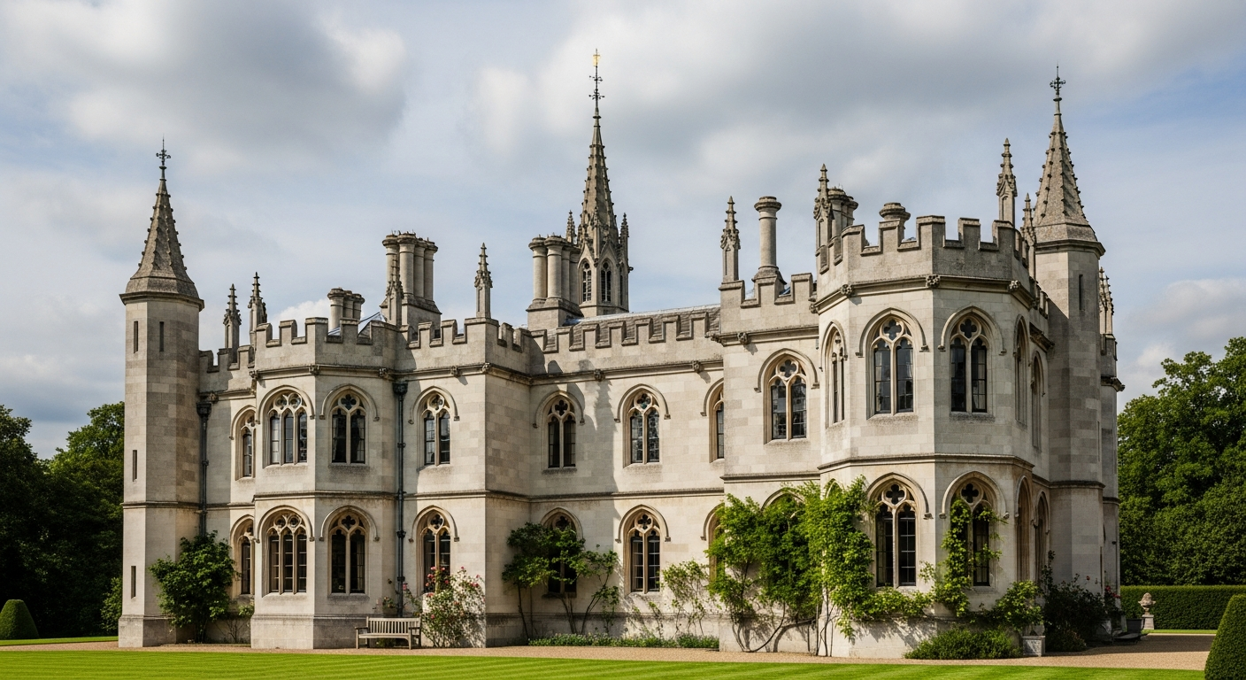 Strawberry Hill House in Twickenham showing its white gothic facade with pointed arch windows, crenellated roofline, and round tower inspired by medieval castles