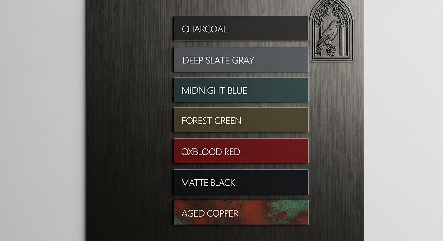 Four gothic exterior color palette examples showing dark charcoal with cream trim, midnight blue with silver accents, deep forest green with stone gray, and oxblood red with black trim