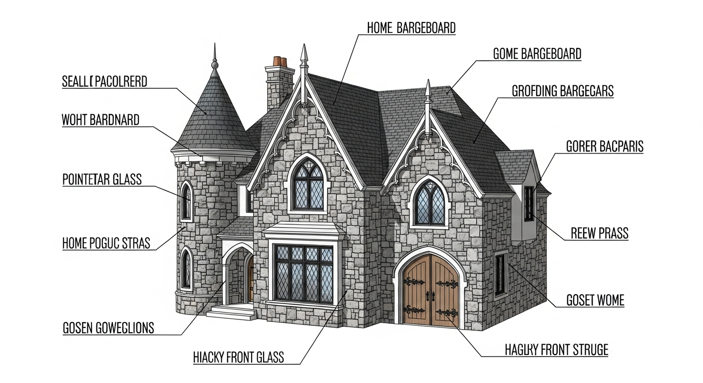 Detailed diagram of gothic exterior elements including steep roof pitch, pointed arch windows, bargeboard trim, finials, turret, decorative chimney, and iron hardware on a residential home