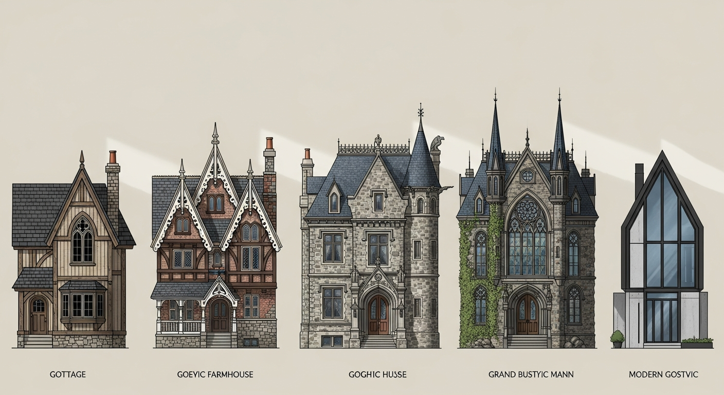 Side-by-side comparison of five gothic house styles ranging from a small Carpenter Gothic cottage to a grand gothic mansion, showing the progression in scale, materials, and ornamental complexity