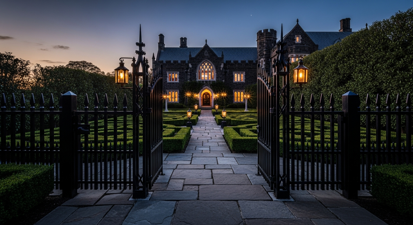 Gothic home exterior with wrought iron fencing, formal garden beds with dark foliage, stone pathway leading to a pointed arch entrance, and uplighting on turret and gable features