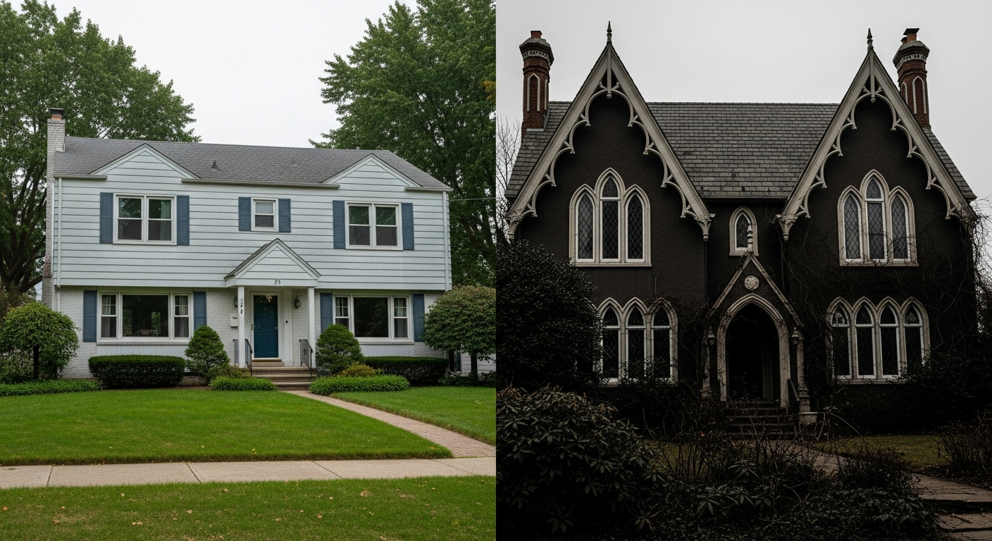 Before and after comparison of a standard home renovated into a modern gothic design, showing the addition of steep gable roof, pointed arch windows, dark exterior paint, and iron hardware