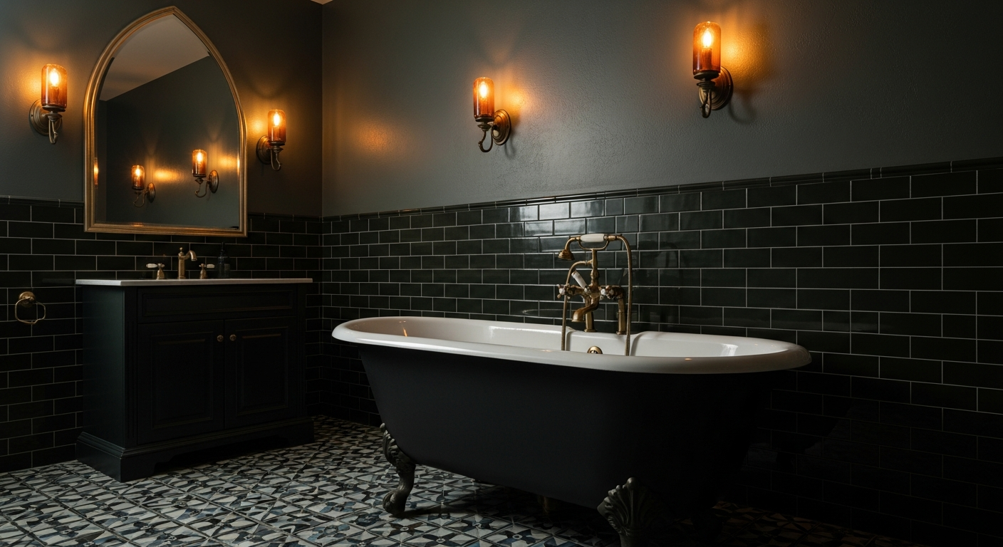 Gothic bathroom with claw-foot tub, ornate pointed arch mirror, dark subway tile walls, geometric encaustic floor tile, and aged brass fixtures