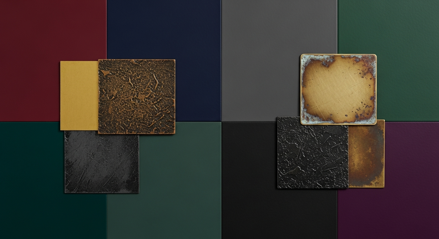 Gothic interior color palette showing swatches of burgundy, midnight blue, forest green, charcoal, deep purple alongside metallic accents of gold, bronze, and aged brass