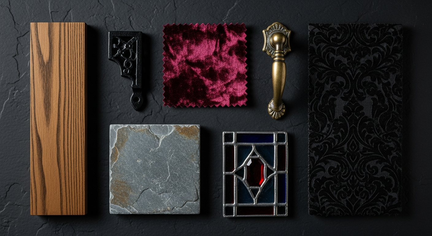 Flat lay arrangement of gothic interior materials including dark oak, wrought iron, velvet fabric, marble, aged brass, brocade textile, and stained glass sample