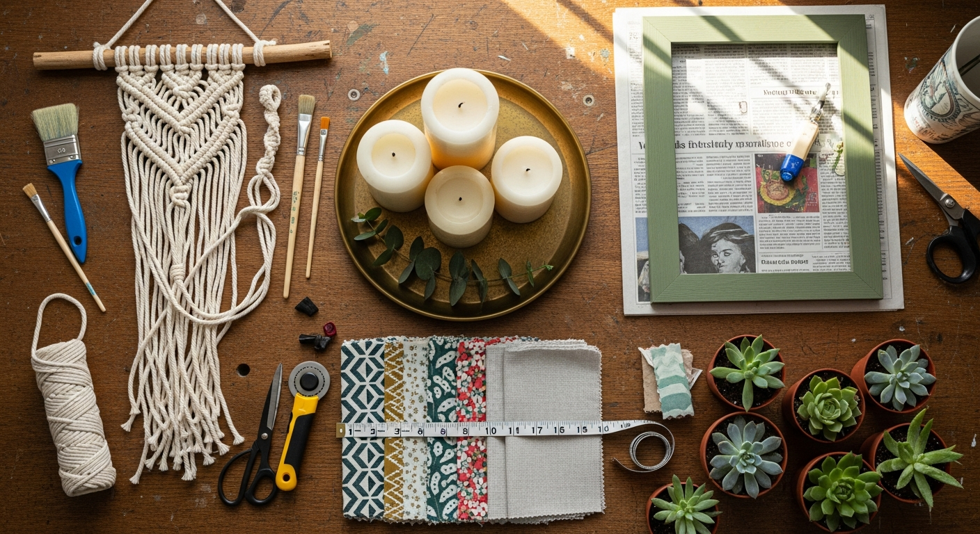 Split view showing DIY home decor projects on one side including painted furniture, handmade wall art, and shelf styling, and professionally designed spaces on the other