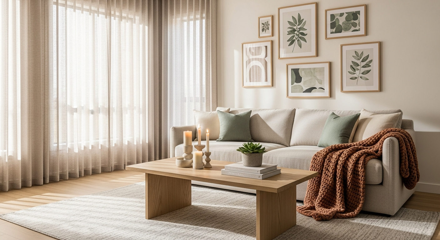 Beautifully styled modern living room showcasing 2026 home decor trends with layered textures, warm neutrals, and statement accessories