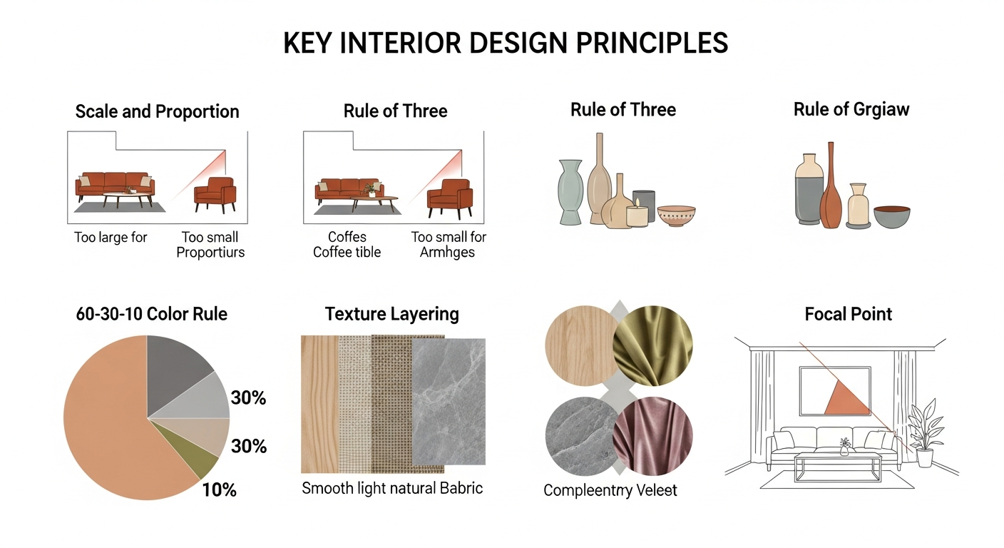 Visual guide showing the five home decor fundamentals: color theory wheel, texture swatches, scale and proportion examples, focal point placement, and the rule of odd numbers