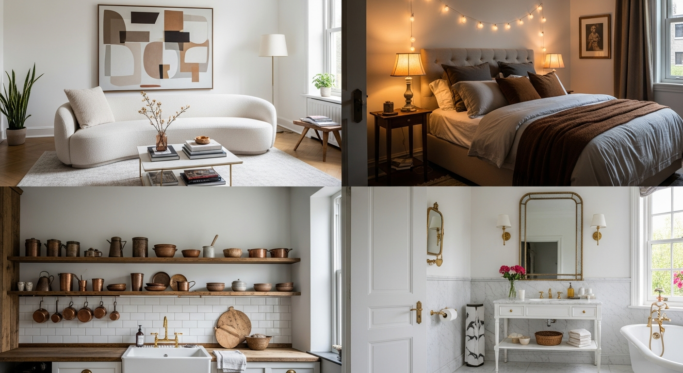 Collage of beautifully decorated rooms including a styled living room with layered textiles, a serene bedroom with organic bedding, and a kitchen with open shelving and curated accessories