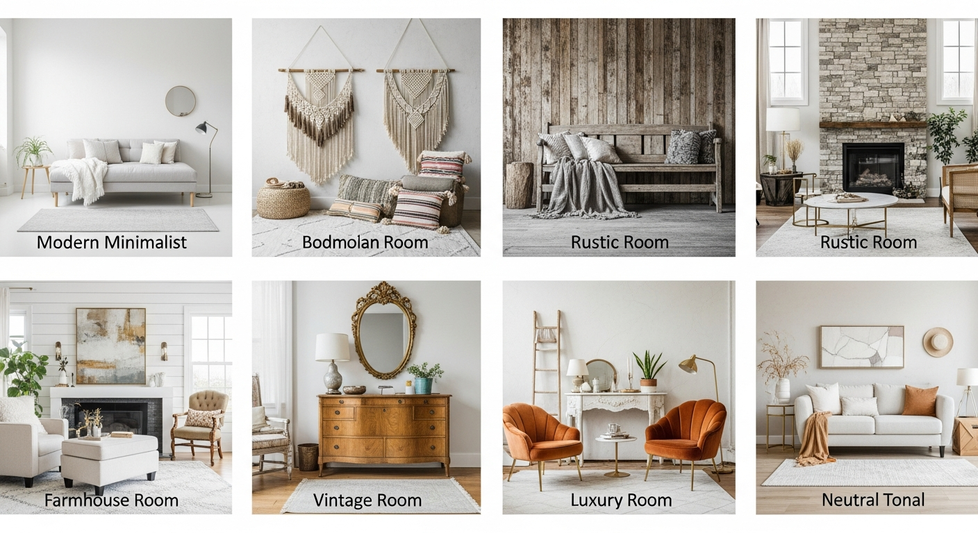 Grid showcasing six trending home decor styles for 2026: boho with layered textiles, modern with clean lines, rustic with reclaimed wood, farmhouse with shiplap, vintage with antique finds, and neutral with tonal layering