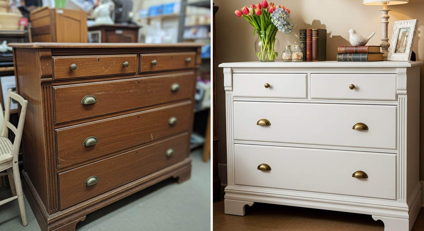 Thrift flip before and after transformations showing painted furniture with updated hardware