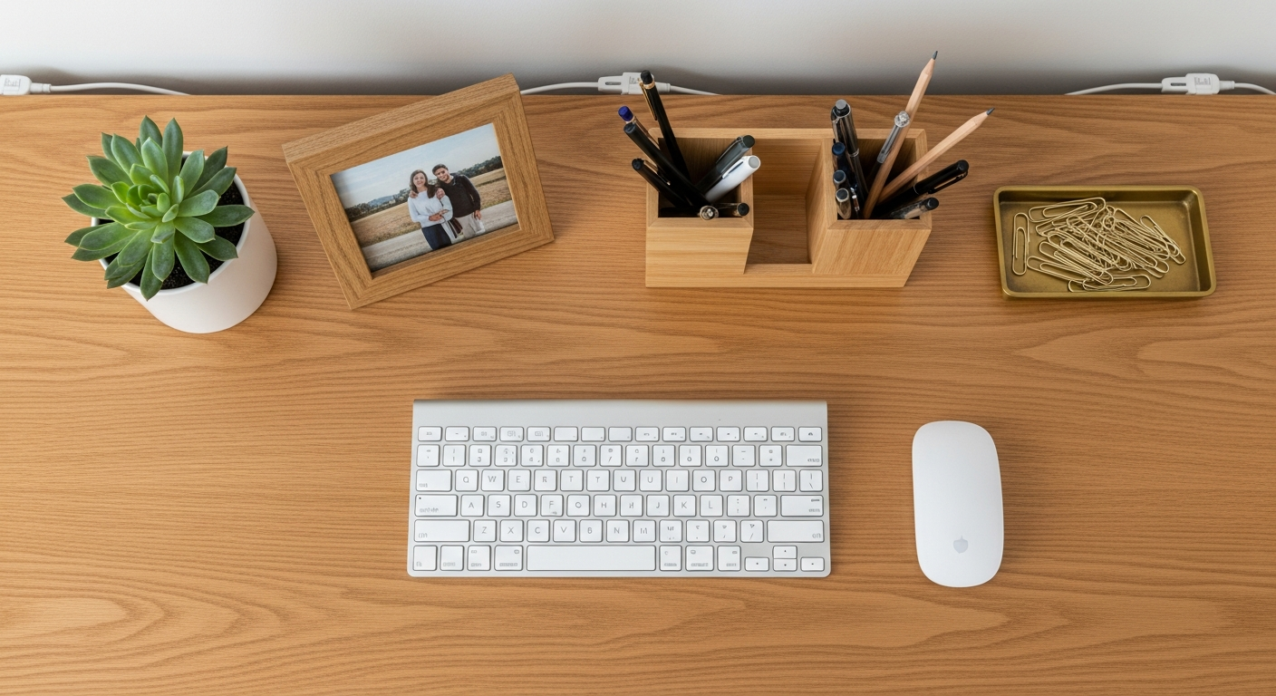 Organized desk setup with monitor riser, coordinated accessories, desk plant, cable management, and drawer organizers