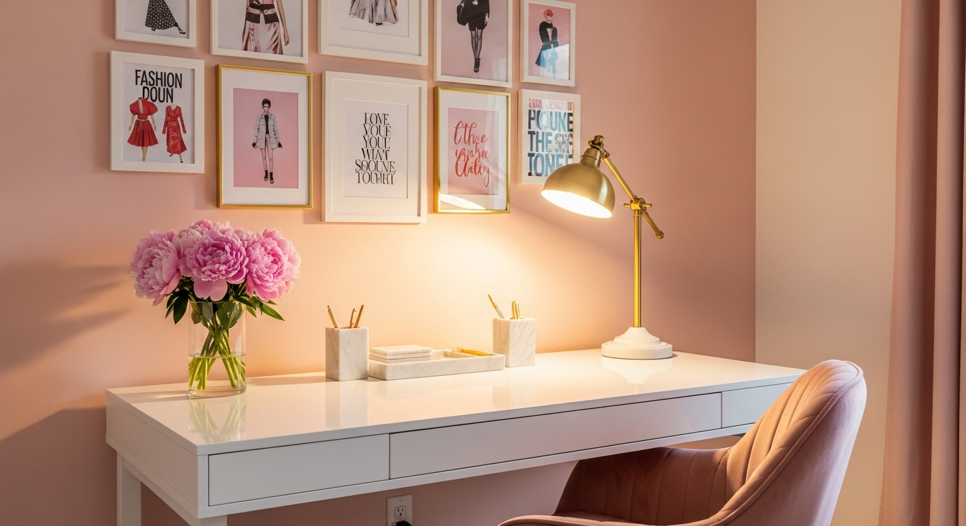Home office wall decor options showing gallery wall, pegboard organizer, floating shelves, and framed whiteboard
