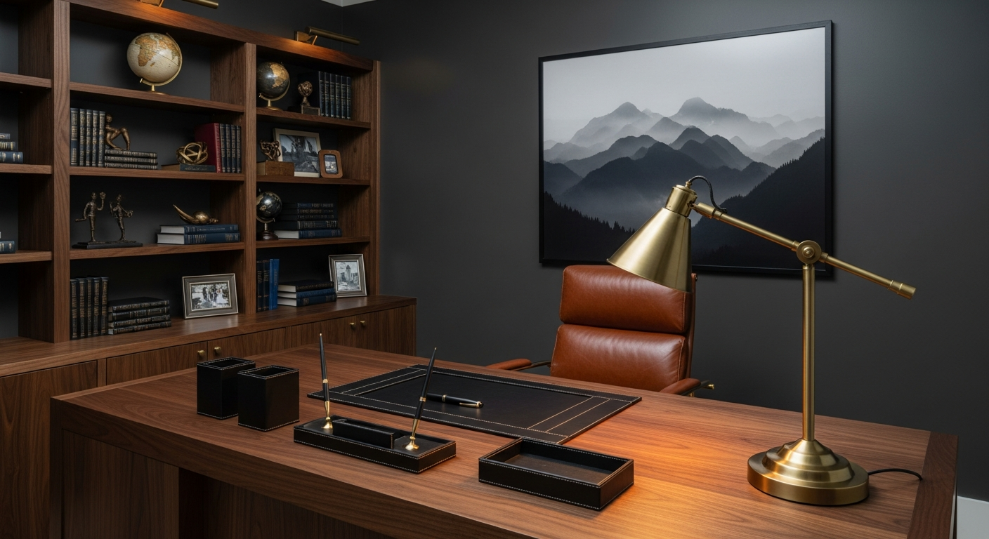 Home office lighting layers showing task lamp, ambient overhead light, natural window light, and LED accent strips