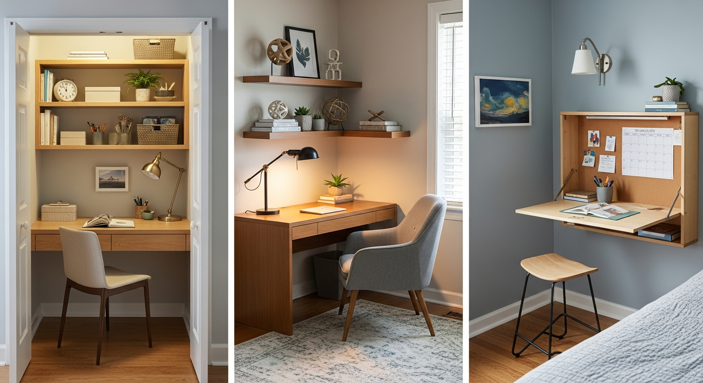 Small office solutions showing closet office conversion, corner nook desk, and dual-purpose guest room workspace