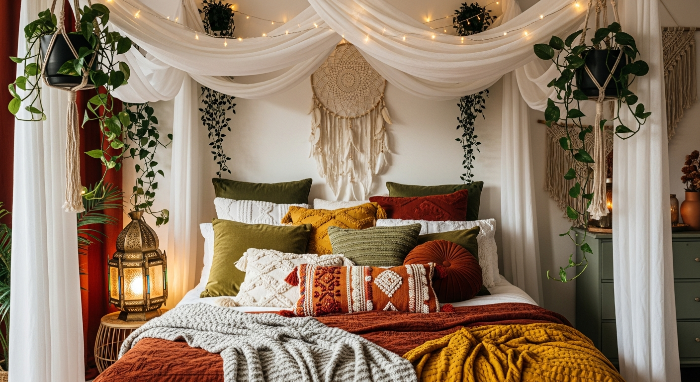 Boho bedroom with macrame headboard, layered bedding, fairy lights, and hanging plants creating a dreamy retreat