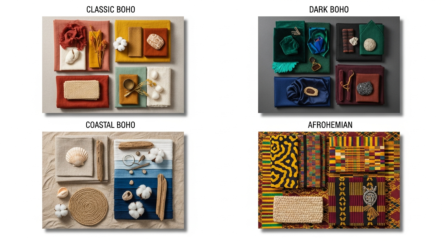 Boho color palette showing earthy tones, jewel tones, and substyle color variations
