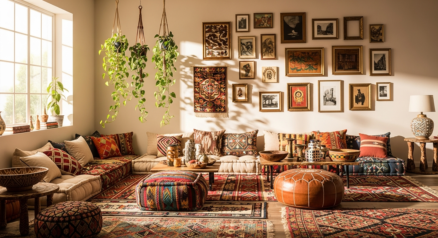 Boho living room with layered rugs, rattan furniture, eclectic gallery wall, and abundant greenery