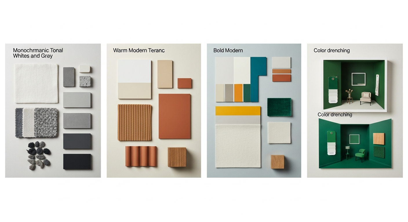 Modern color palette examples showing monochromatic, warm neutral, and bold accent schemes for contemporary interiors