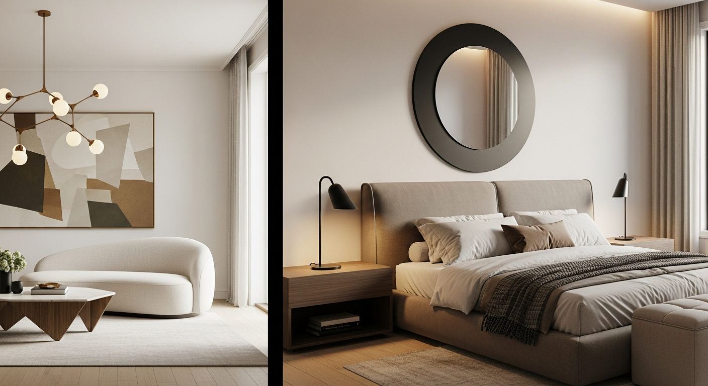 Modern living room with low-profile sofa, geometric coffee table, abstract wall art, and statement pendant lighting