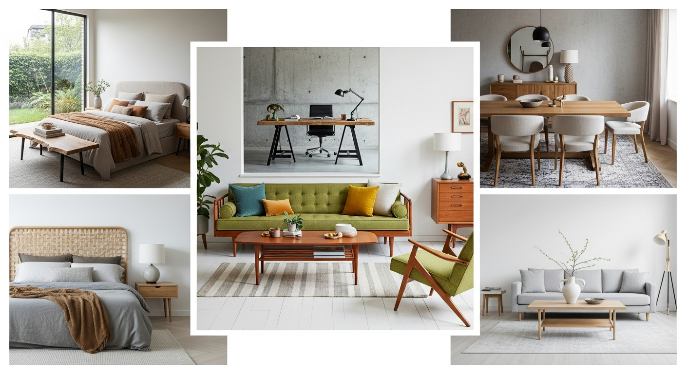 Modern decor substyles comparison showing warm modern, organic modern, industrial modern, and Scandinavian modern interiors