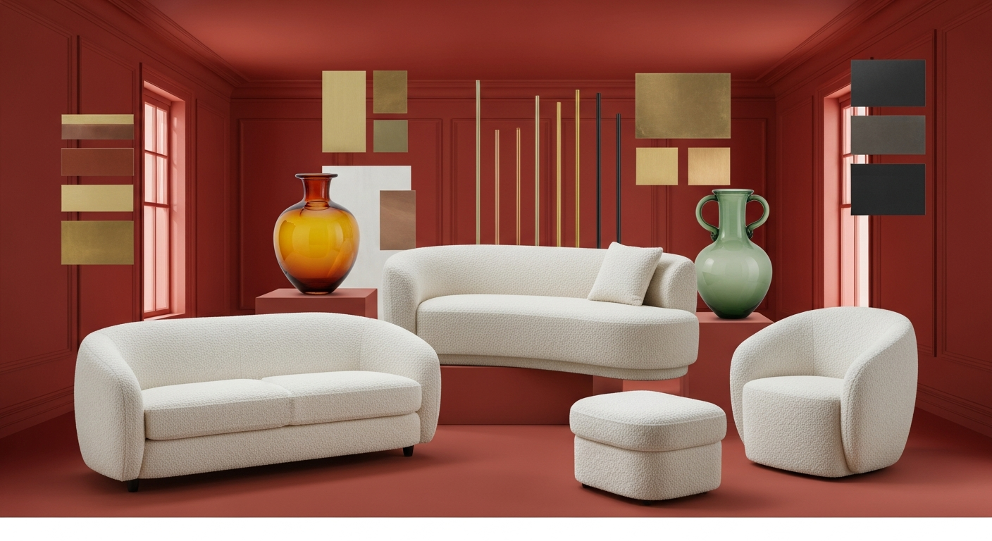 Modern materials guide showing concrete, steel, glass, leather, natural stone, and warm wood textures for contemporary interiors