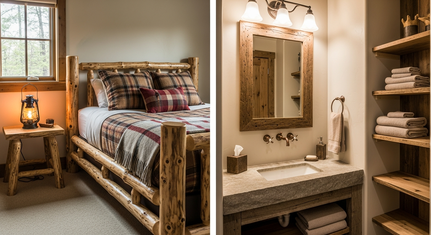 Rustic bedroom with barnwood headboard, flannel bedding, Edison bulb lighting, and nature-inspired wall art