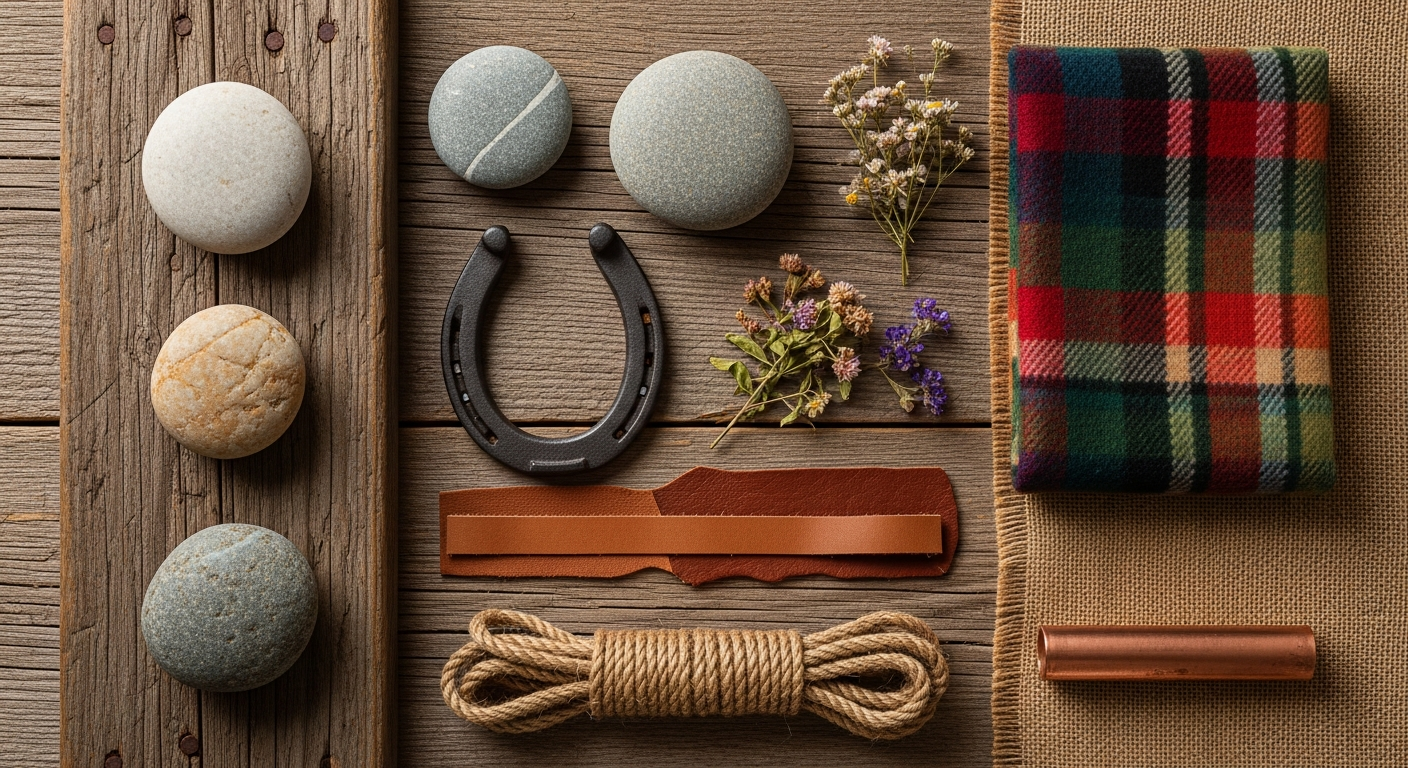 Rustic materials and textures including reclaimed wood, natural stone, wrought iron, and woven textiles arranged in a flatlay