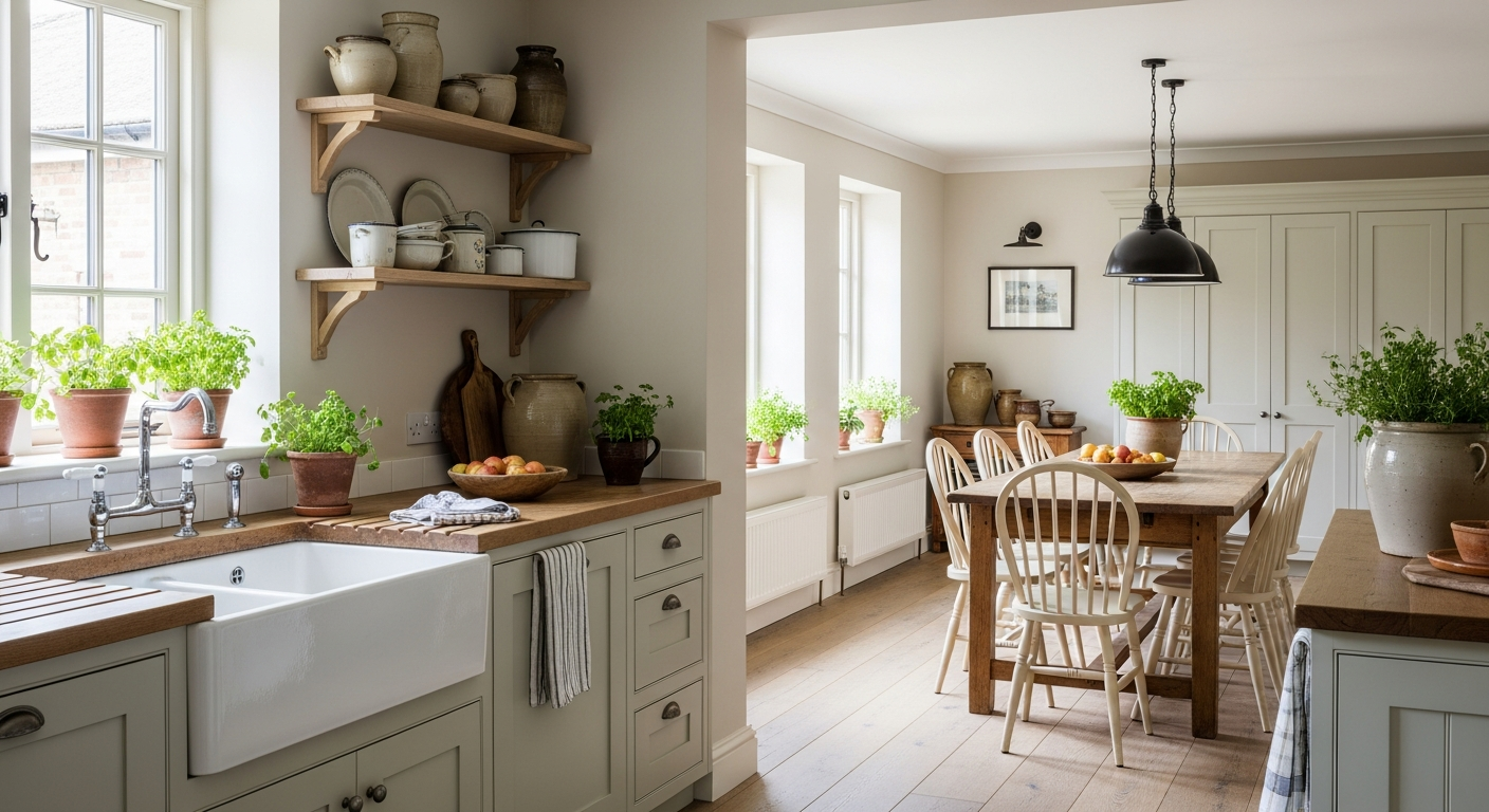 Farmhouse kitchen with open shelving, apron-front sink, and butcher block countertop