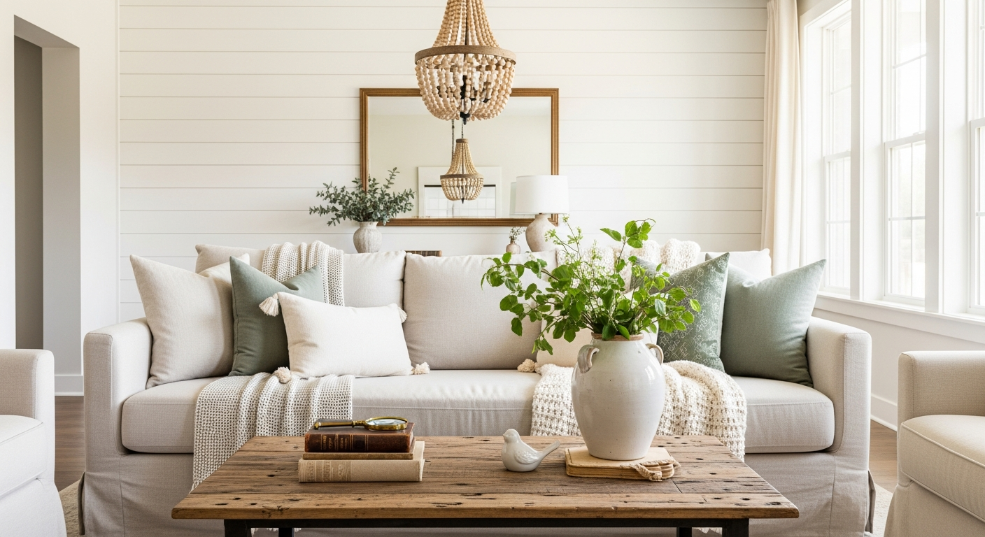 Farmhouse living space with shiplap walls, vintage decor, and modern comfort elements