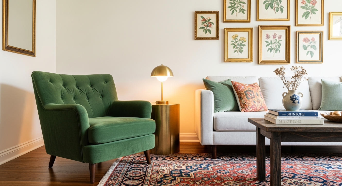 Vintage home decor ideas featuring a curated collection of retro furniture, antique accessories, and mid-century modern design elements in a stylish living space