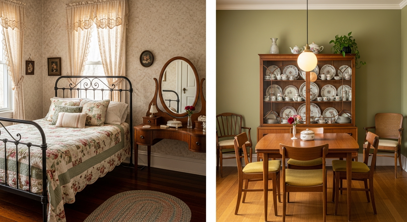 Vintage bedroom featuring a brass bed frame with embroidered linens, antique vanity, and a dining room with mid-century chairs and vintage dishware display