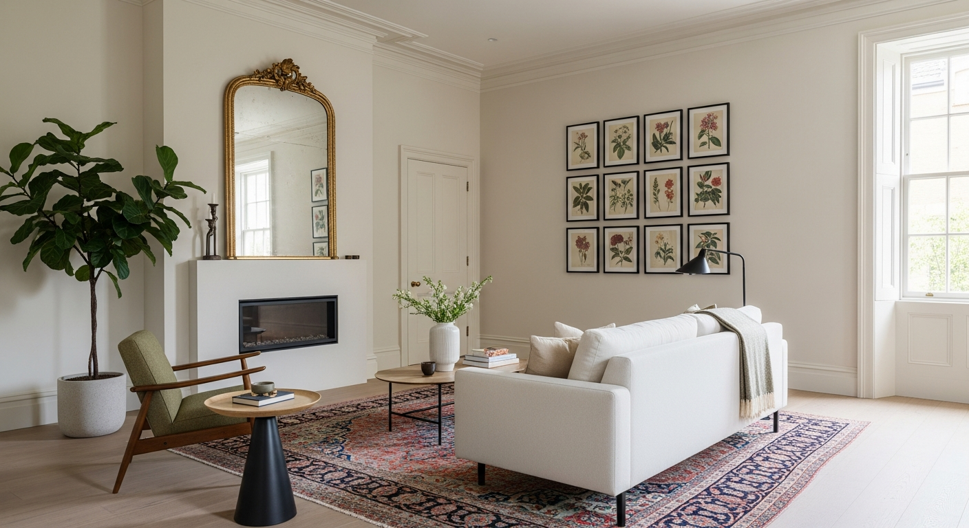 Living room demonstrating the vintage-modern mix with a mid-century credenza, contemporary sofa, Art Deco mirror, and modern abstract art creating a curated collected look