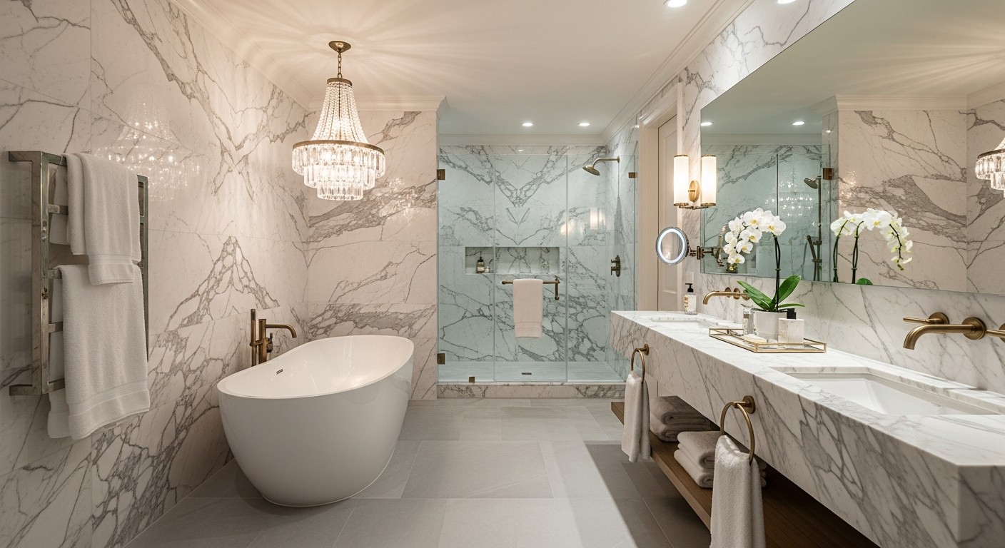 Luxury spa-inspired bathroom with freestanding soaking tub, rainfall shower, heated marble floors, and elegant brass fixtures surrounded by natural stone