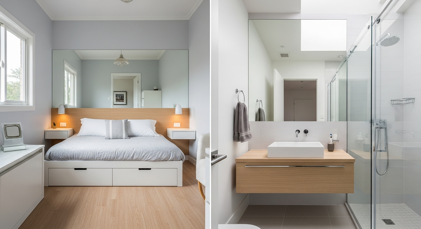 Small bedroom with loft bed, under-bed storage, and wall-mounted nightstand solutions