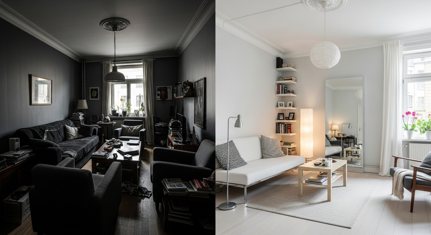 Before and after transformation of a small living room with strategic decor choices