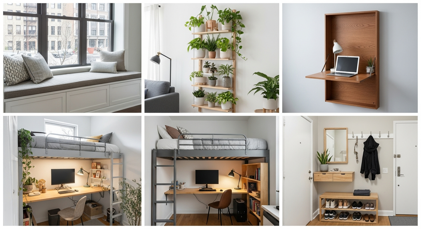 Grid showing five small space design principles including scale, light, and visual flow