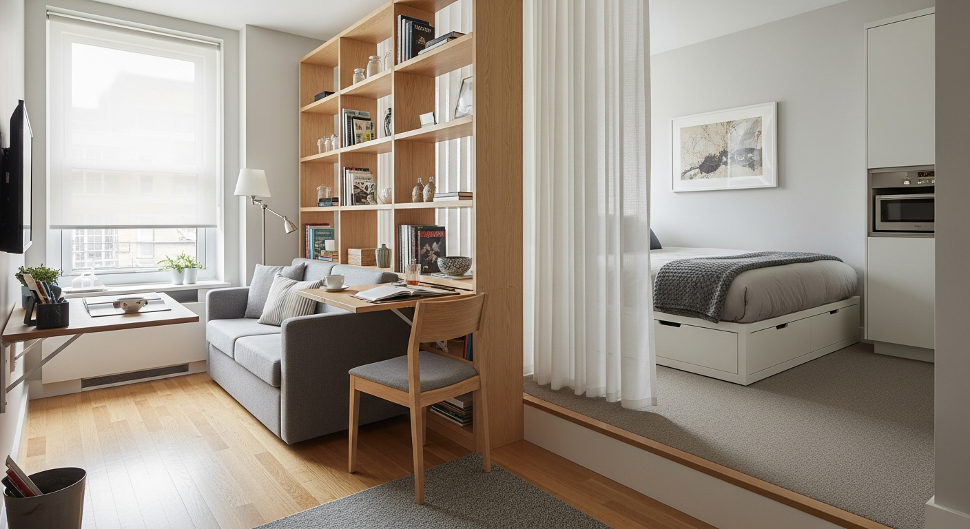 Studio apartment with clear zone separation using rugs, lighting, and furniture placement
