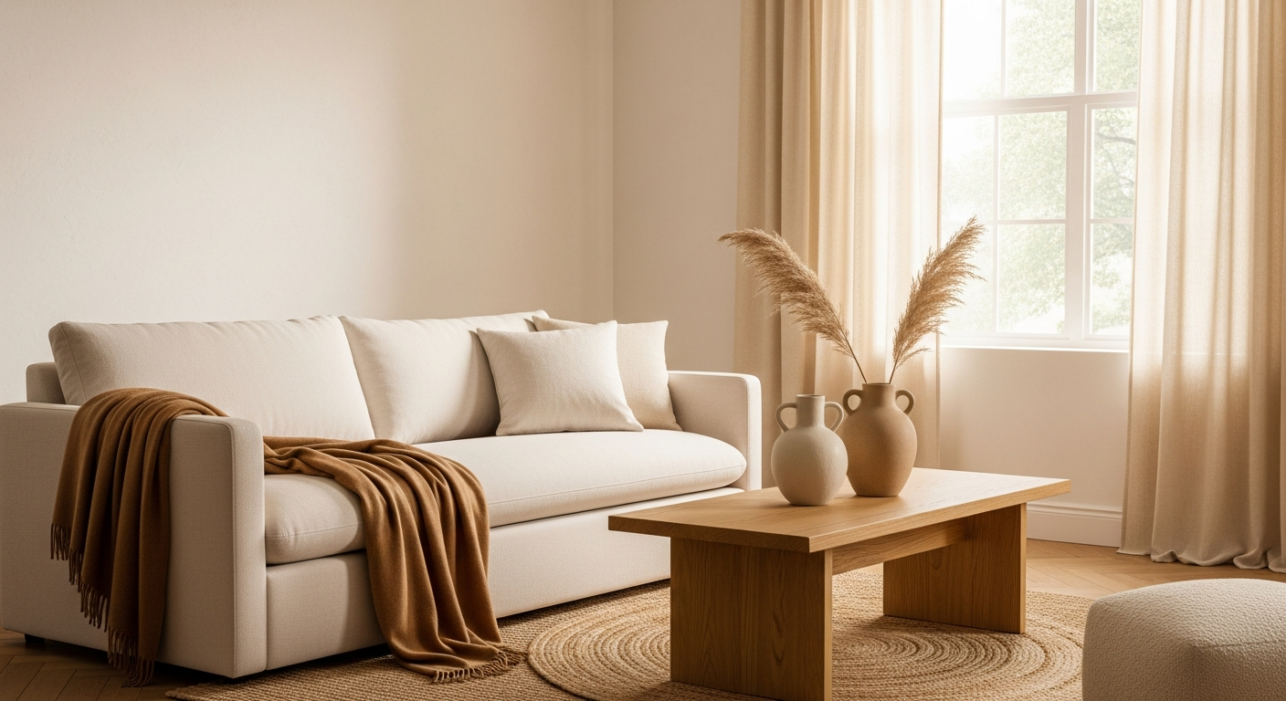 Neutral home decor living room with warm tonal palette featuring beige sofa, natural wood accents, and layered textures