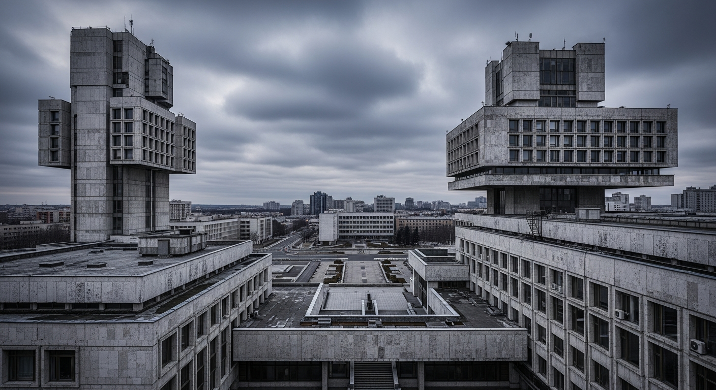 Panoramic view of Soviet brutalist architecture cityscape with monumental concrete government buildings