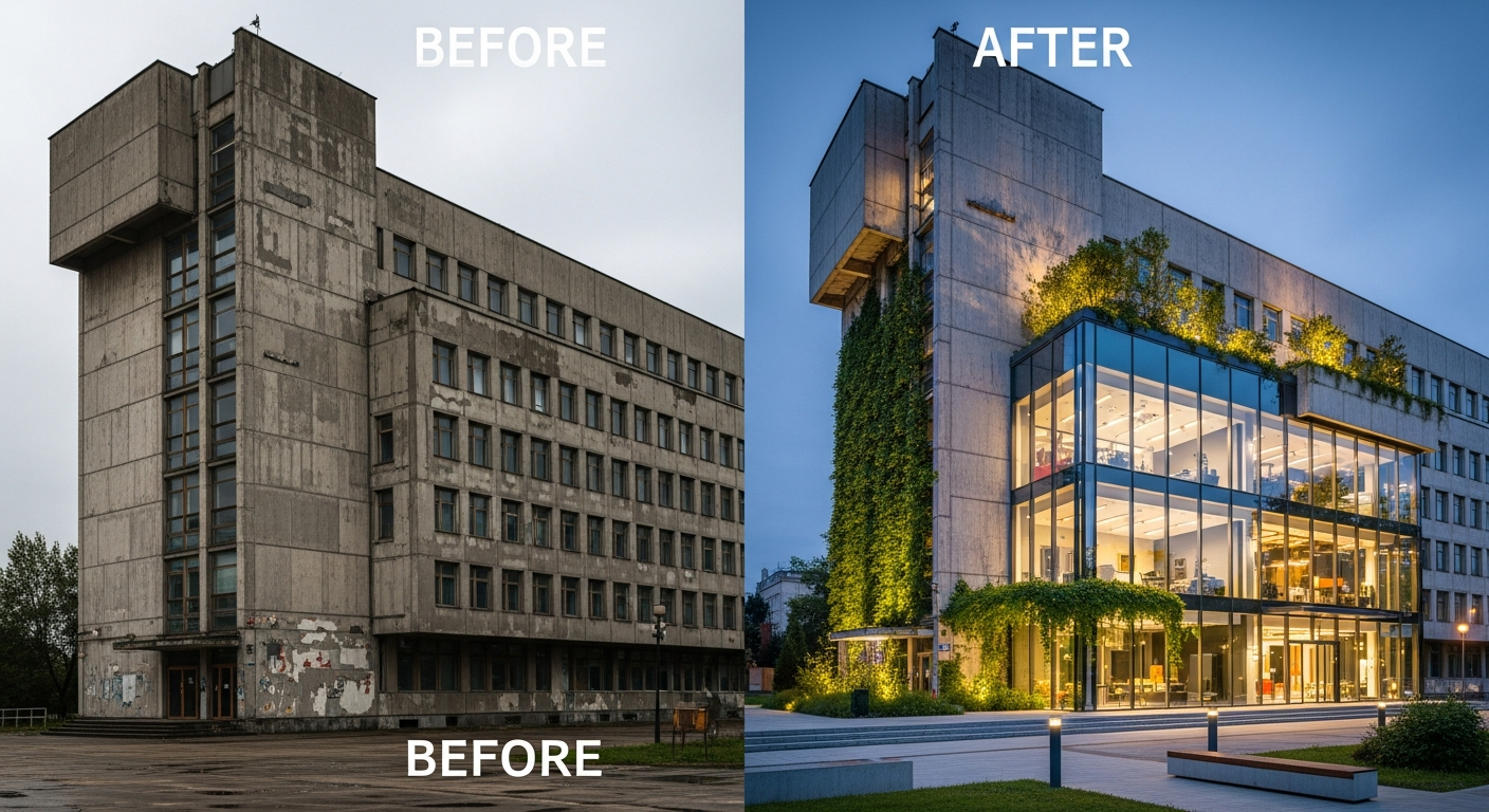 Before and after of Soviet brutalist building adaptively reused for modern purpose
