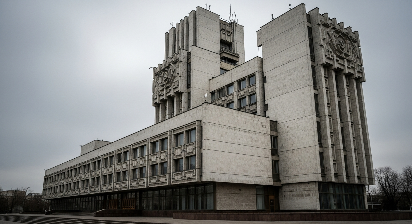 Moscow brutalist civic building with distinctive Soviet architectural features